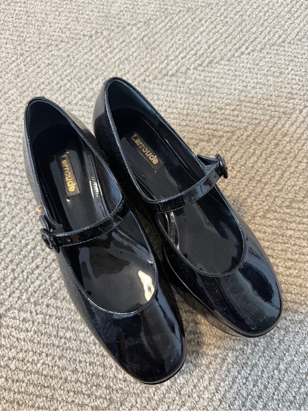 Larroude Patent Mary Jane Flats in Black 7.5
